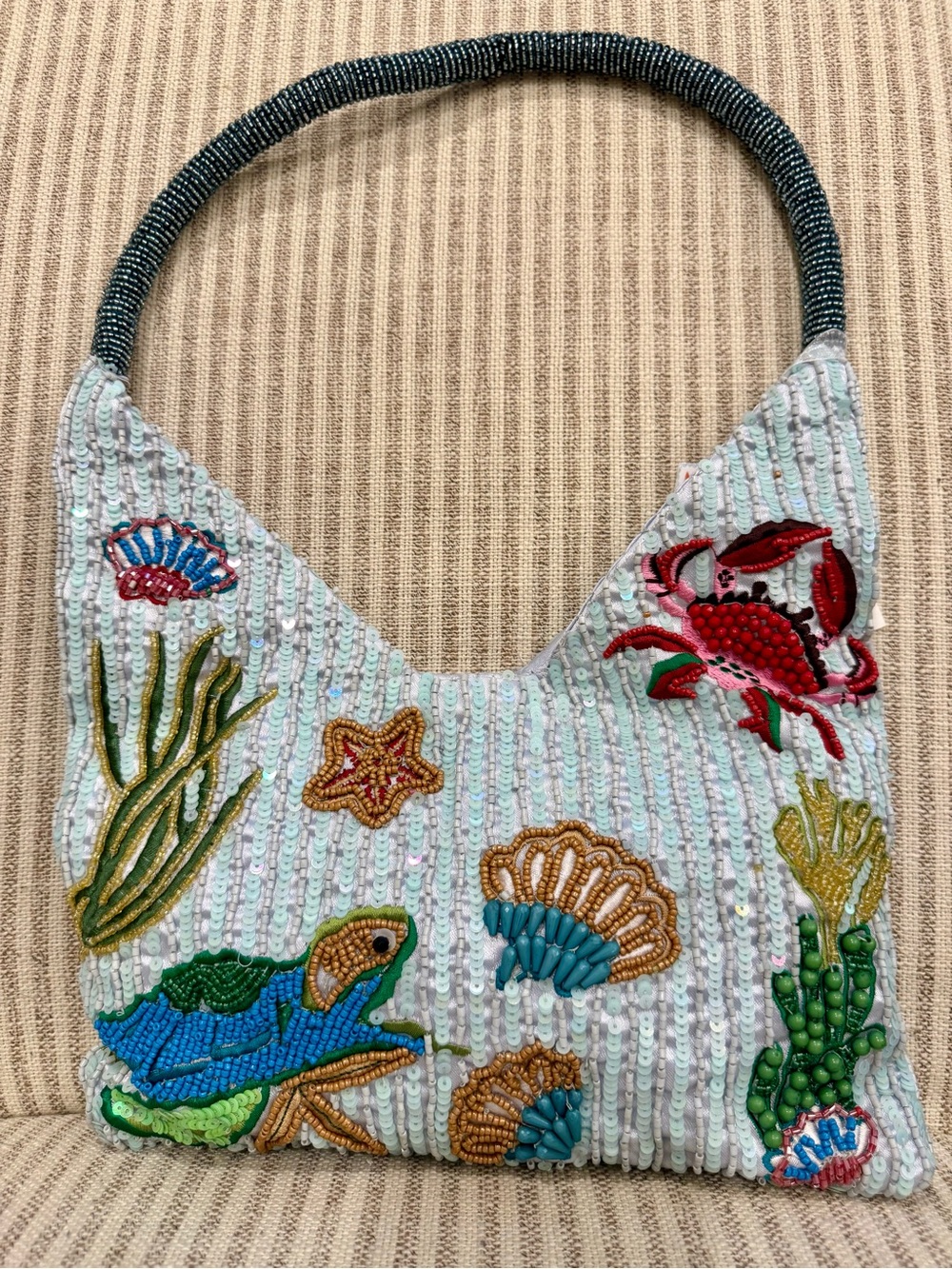 Beaded Ocean Motif Shoulder Bag with Turtle and Crab